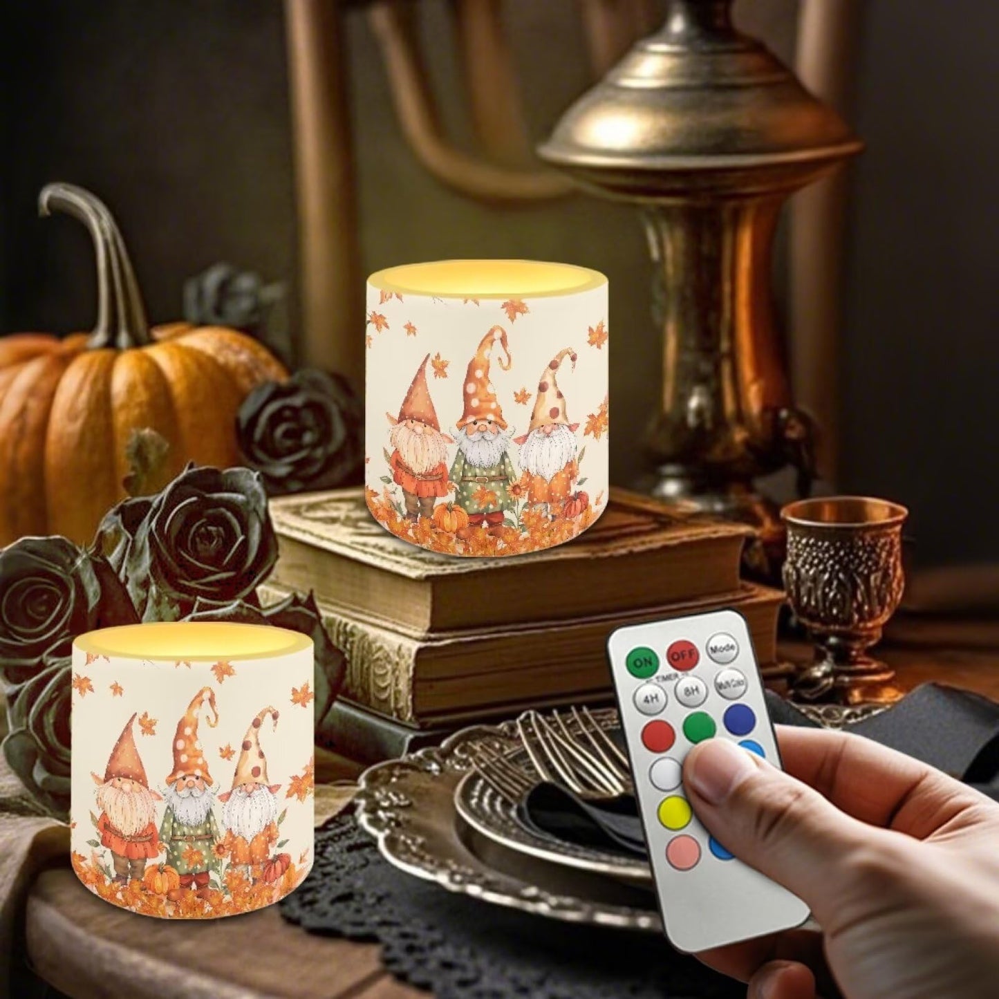 Cozeyat Fall Gnome LED Candles Set of 4 Battery Powered Flameless with Remote Timer Flickering Flame Waterproof for Home Garden Beach Table