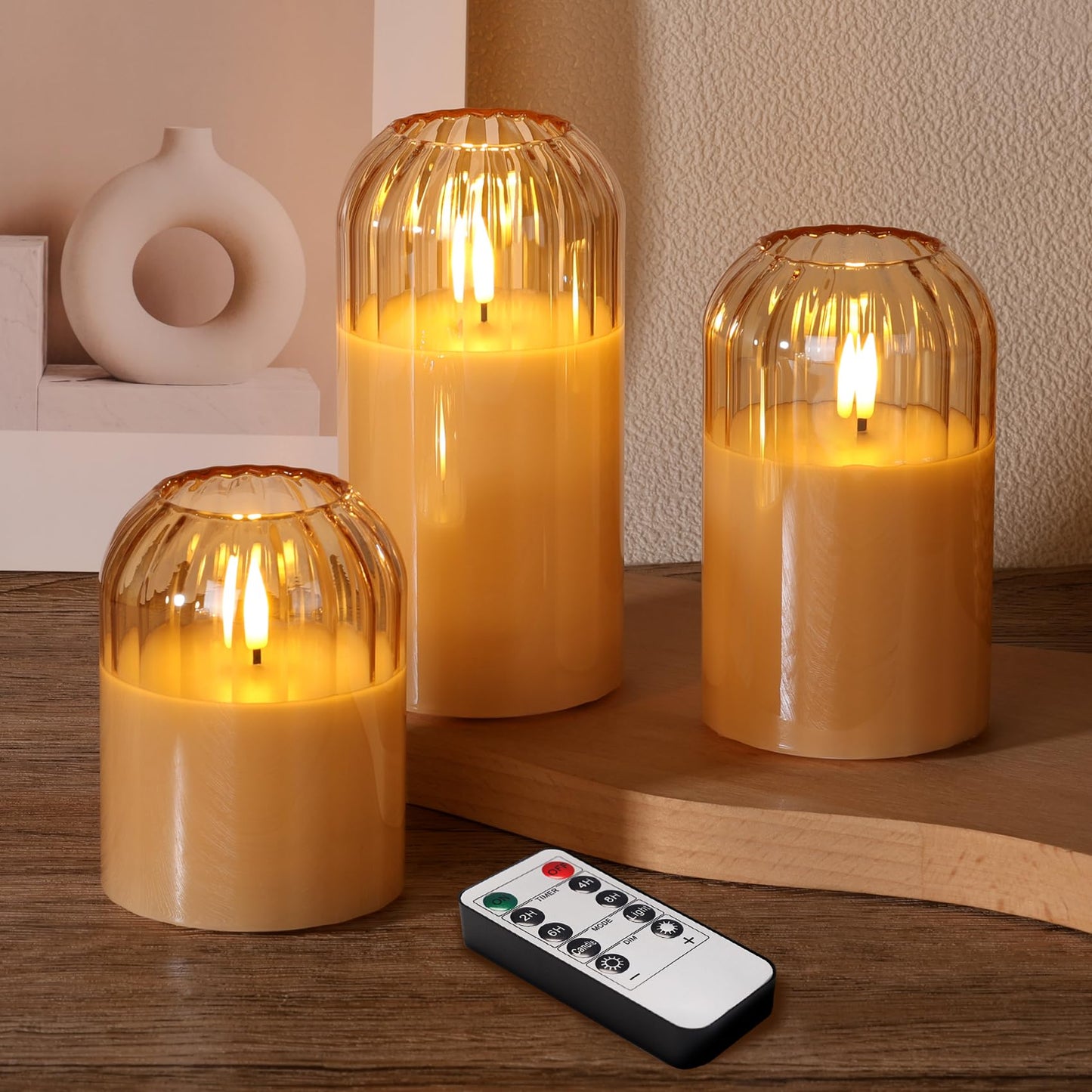Girimax Gold Glass Flameless Candles with Remote, Real Wax Flickering Battery LED Pillar Candles Set of 3