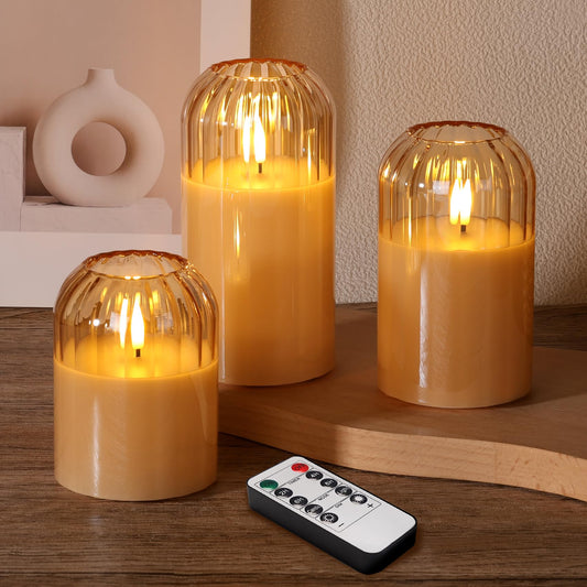 Girimax Gold Glass Flameless Candles with Remote, Real Wax Flickering Battery LED Pillar Candles Set of 3