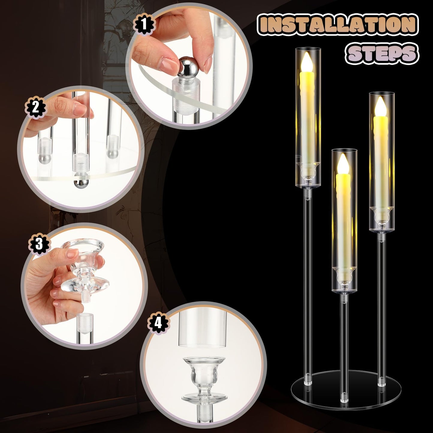 Tandefio 6 Sets 3 Arm Acrylic Candelabra Centerpieces for Wedding Tables 30inch Tall Clear Candle Holder Centerpieces with 18 LED Candles and Shade for Ceremony Birthday Anniversary Party Home Decor