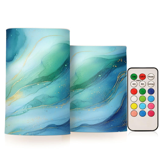 susiyo Blue Green Marble Pattern Flameless Candles with Remote Timer Battery Operated Candles Flickering Colored LED Candles Pillar Candles for Outdoor Wedding Holiday Decor 2 Pcs