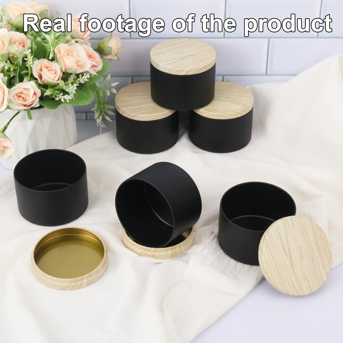Biugaaufai 24 Pack 8 OZ Black Metal Candle Tins, Round Candle Tins with Wood Grain Lids for DIY Candle Making and Storage