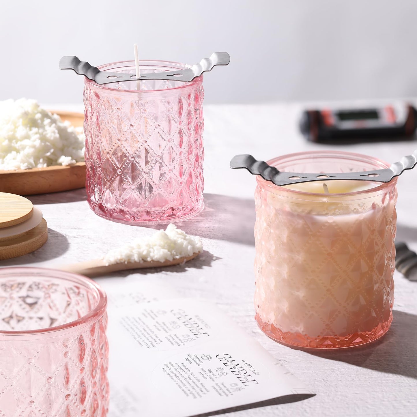 NITIME 15pcs 7.5oz Pink Candle Jars for Making Candles, Glass Candle Vessels with Bamboo Lids and Sticky Labels, Containers for Candle Making Supplies