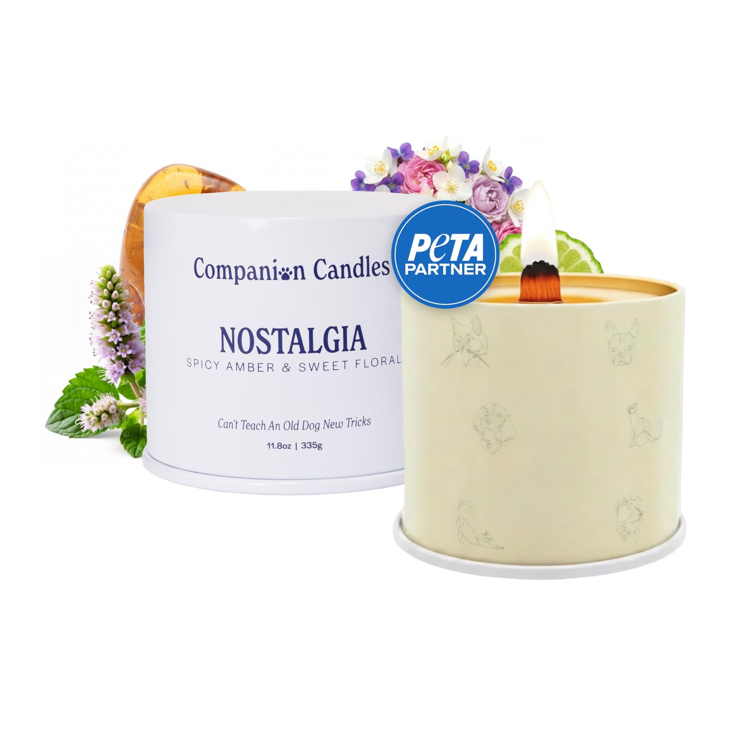 Companion Candles Nostalgia Pet-Friendly Scented Candle – Spicy Amber & Soft Floral Fragrance, Coconut Soy Wax with Wooden Wick, Approx. 50-Hour Burn Time, Made in USA, 11.8 oz