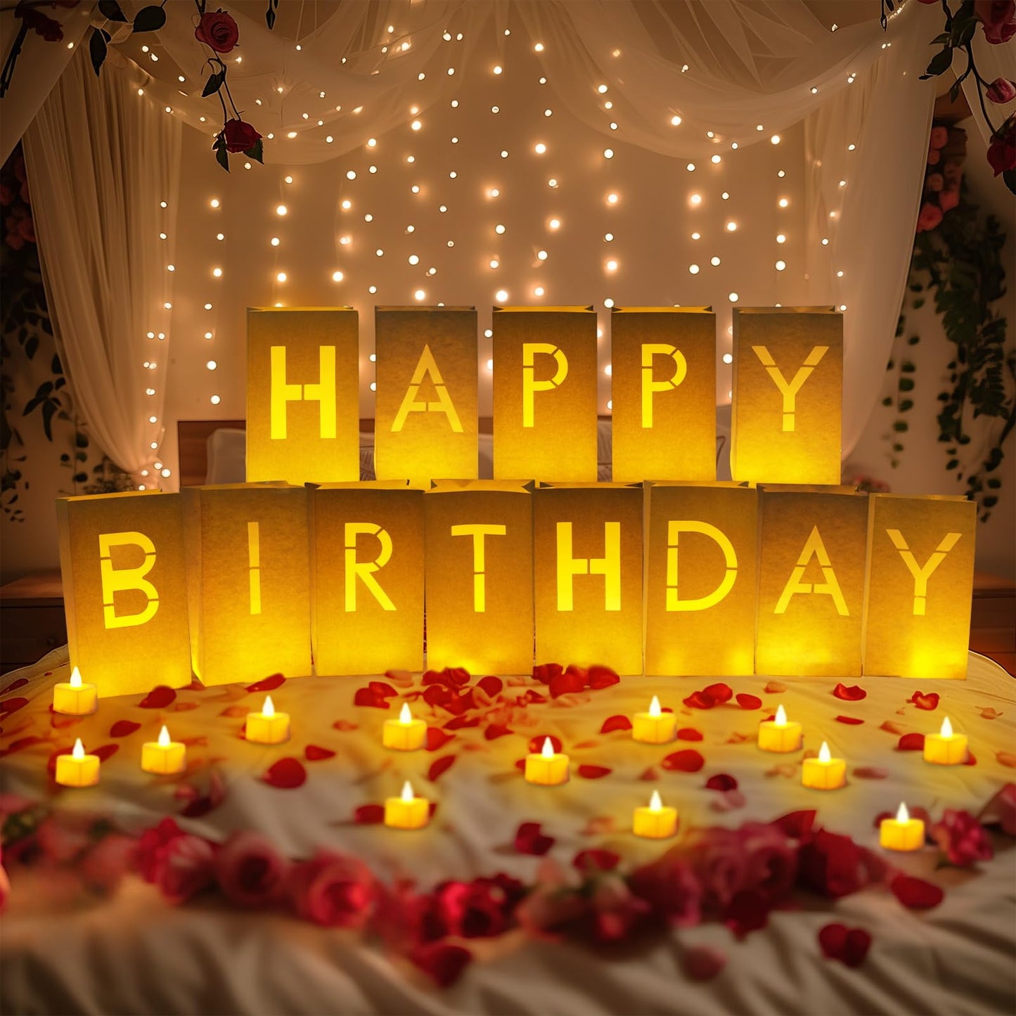 Homemory Happy Birthday Light Up Letters Luminary Bags with Flameless Candles and 2000 Fake Rose Petals, Happy Birthday Banner Sign Party Decoration for Women Men