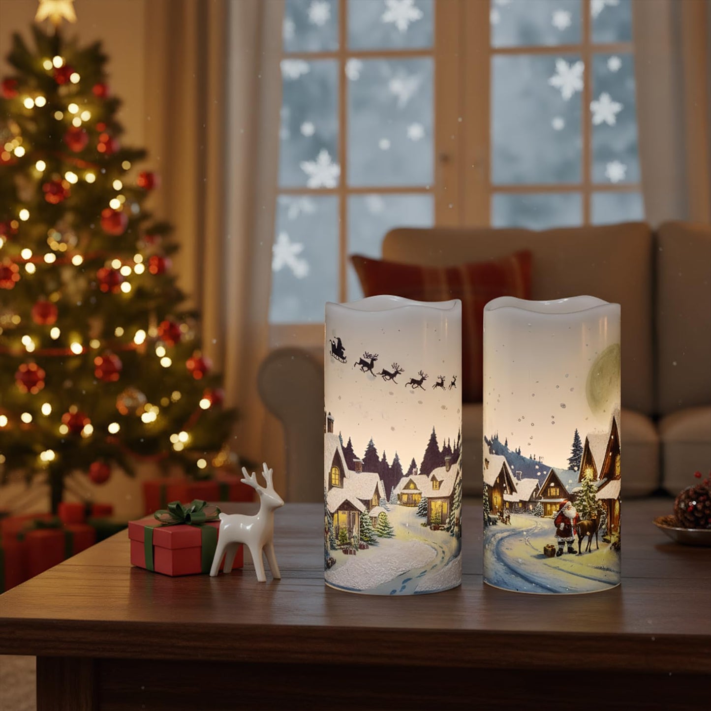 GenSwin Christmas Flameless Candles with Remote Timer, Set of 2 Christmas LED Battery Operated Pillar Candles with Snow House, Santa, Reindeer Decals for Holiday Winter Party Home Decor(D3” x H6”)
