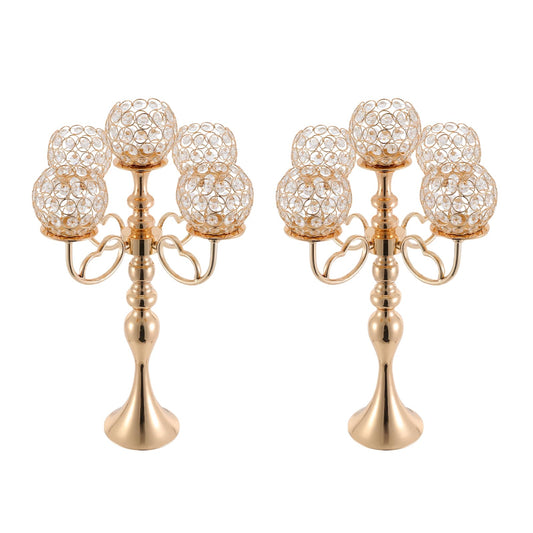 2Pcs 5 Arm Candelabra Candle Holder Luxury Gold Candlestick Holder Crystal Candelabra Centerpieces for Tables Elegant Candelabra Stand Holders for Home Wedding Party Anniversary Dining Room, Gold