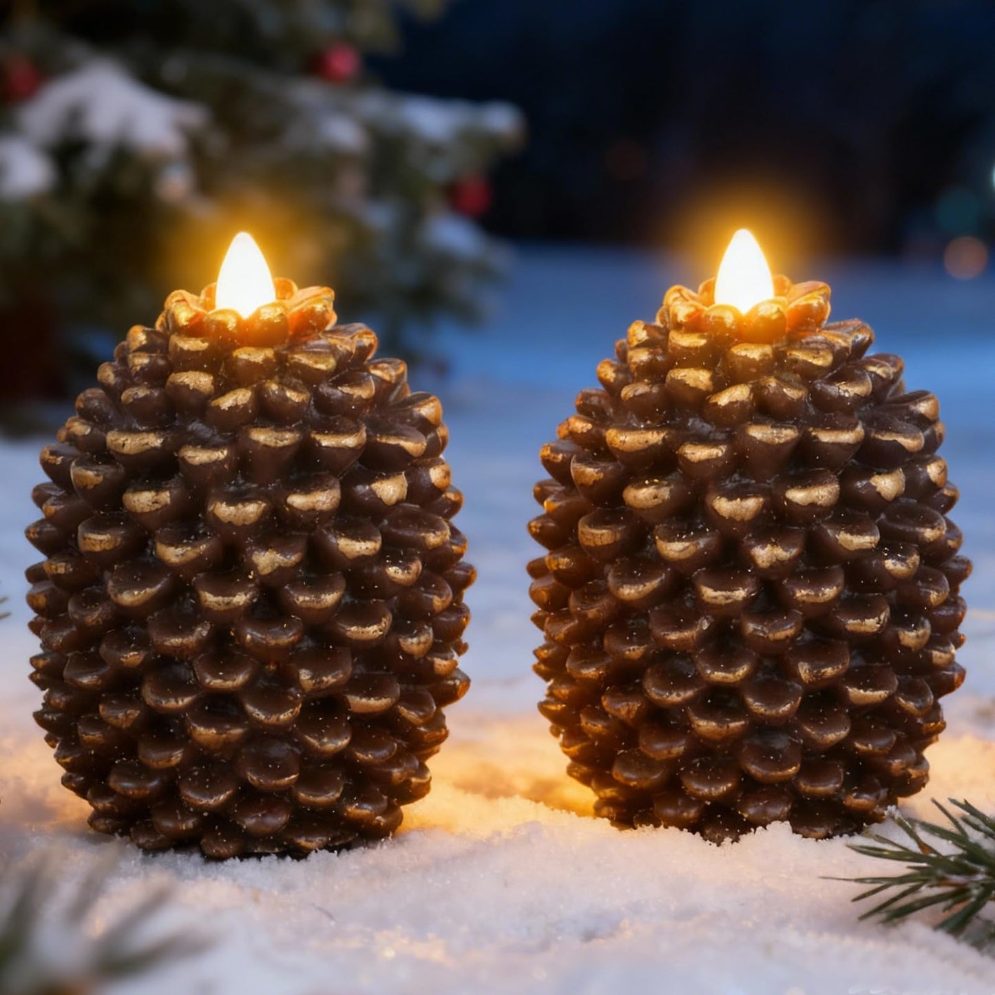 Eldnacele Christmas Flameless Candles with 6 Hour Timer, Battery Operated Hand Painted Pine Cone Real Wax 3D Wick Flickering LED Pillar Candles for Dinner Indoor Holiday Xmas Decor(2Pcs, D3×H5.7)