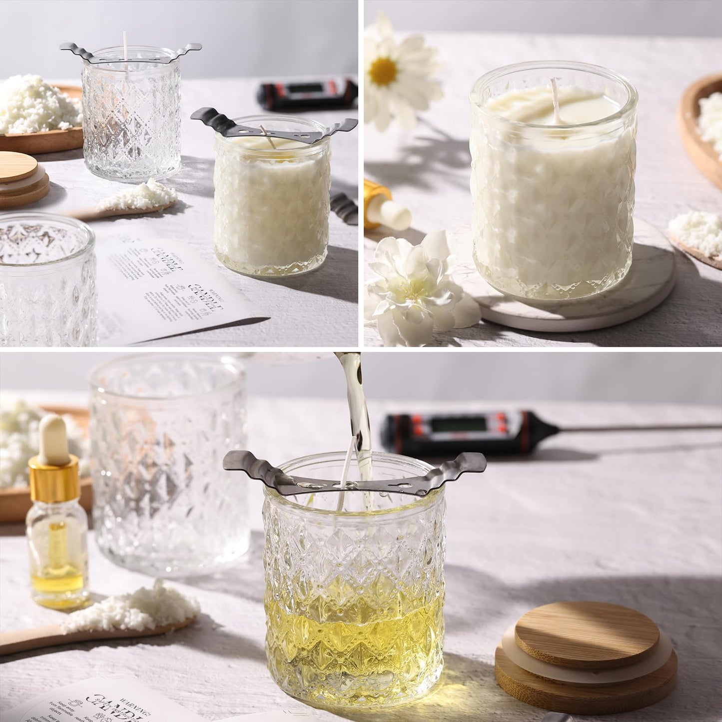 NITIME 15pcs 7.5oz Candle jars for Making Candles, Clear Glass Candle Vessels With Bamboo Lids and Sticky Labels, Containers and Candle Making Supplies