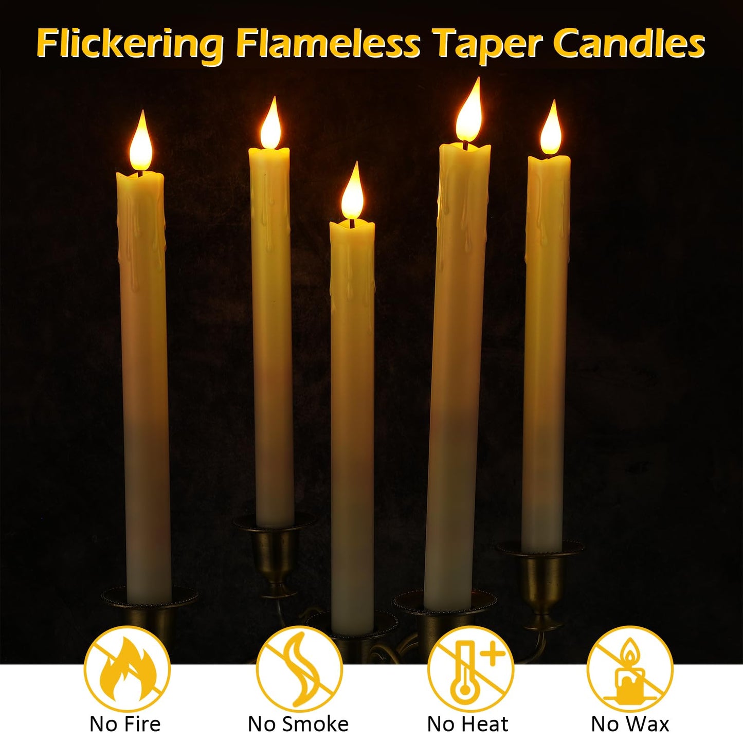 Baquler 24 Pcs 10 Inch Ivory Flameless Taper Candles LED Candle Sticks Battery Operated Flickering LED Candlestick Window Plastic Candle for Wedding Halloween Christmas Decor(No Battery)