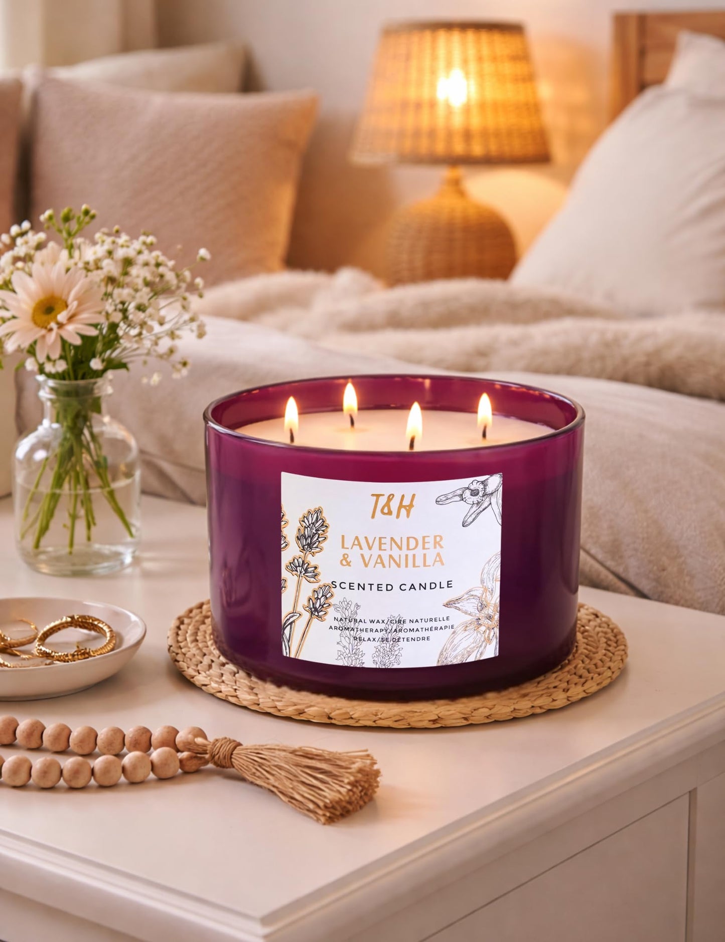 Lavender Vanilla Candle | 4 Wick Extra Large Scented Soy Candles 20 oz | Highly Scented Aromatherapy Lavender Candle for Women | Relaxing Stress Relief Home Scent | Long Lasting Clean Burn