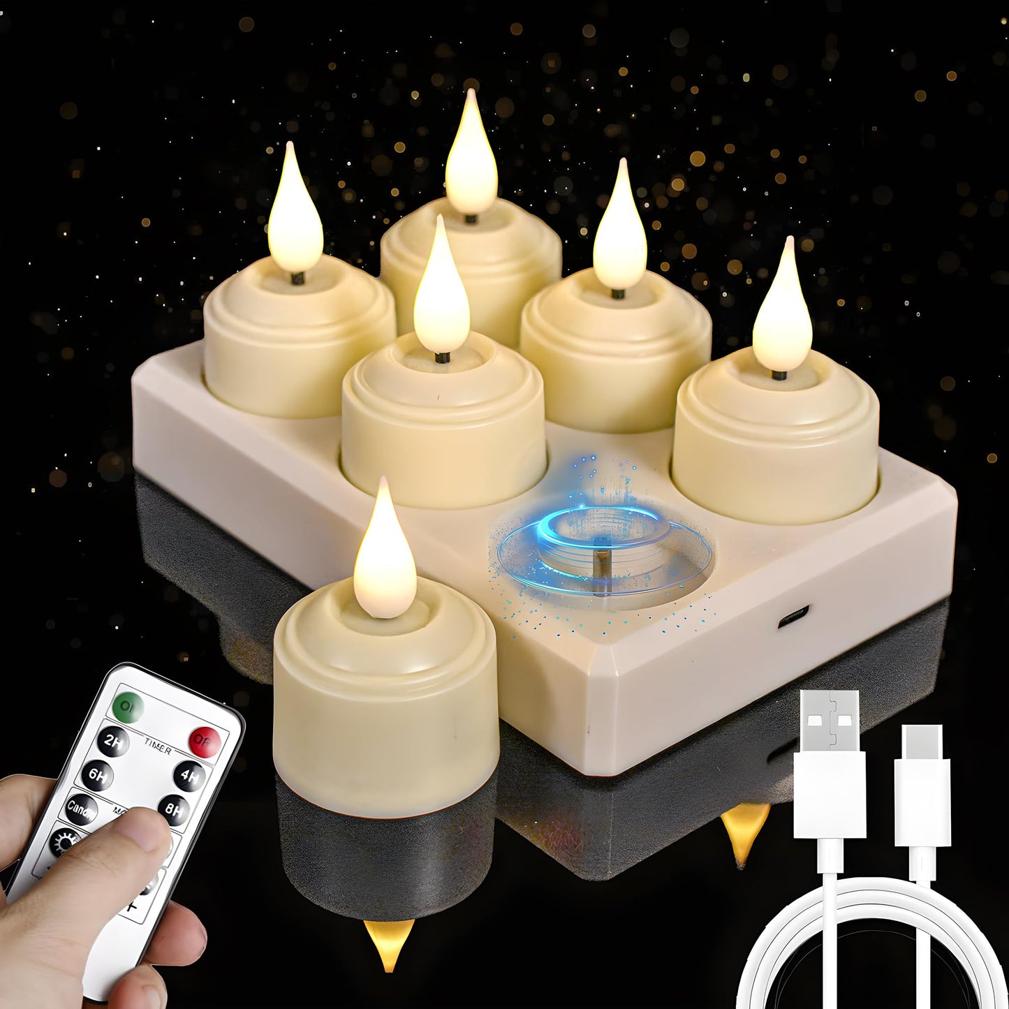 Rechargeable Tea Lights Flameless Candles with Remote Timer & Charging Base, LED Tealight Candles Battery Operated USB Candles for Fall Wedding Christmas Halloween Table Centerpiece Reception, 6-Pack