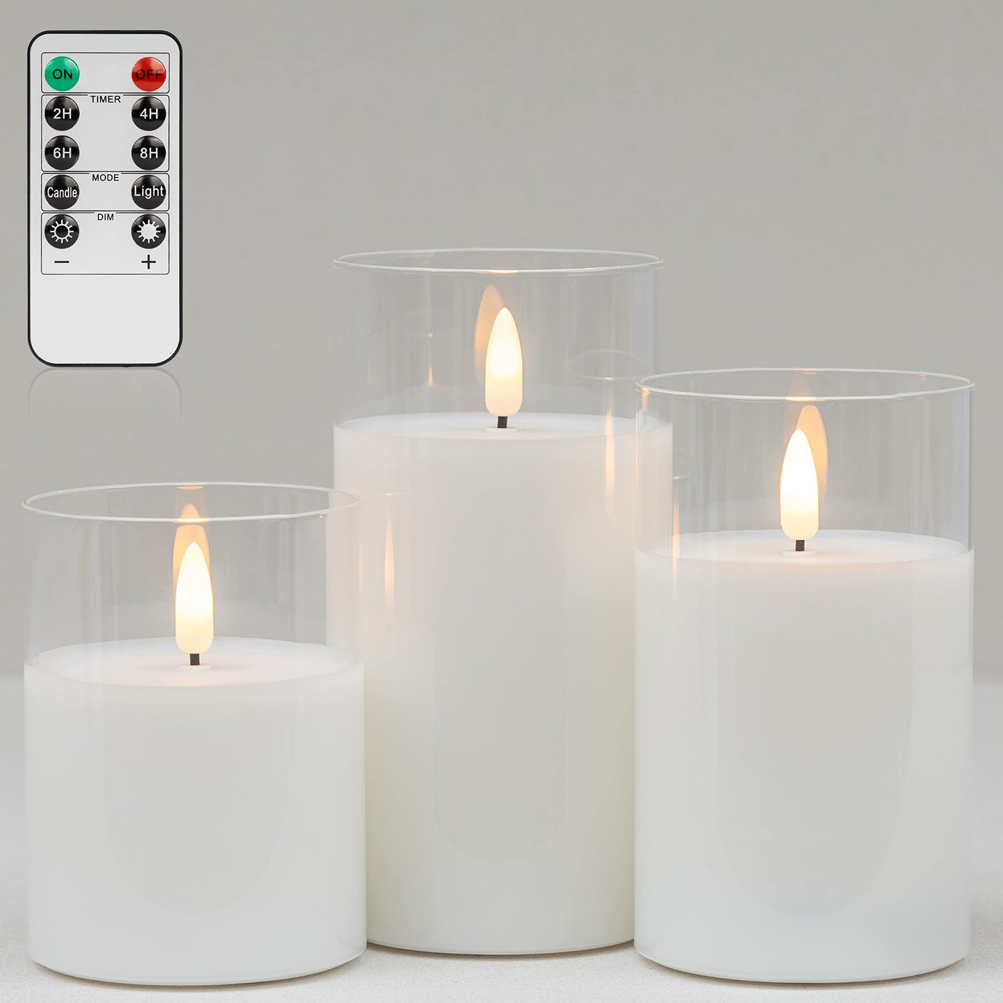 Mingfuxin Clear Glass Flickering Flameless Candles with Remote, White Wax Battery Operated LED Pillar Candle with Timer for Party Wedding Decoration, Set of 3