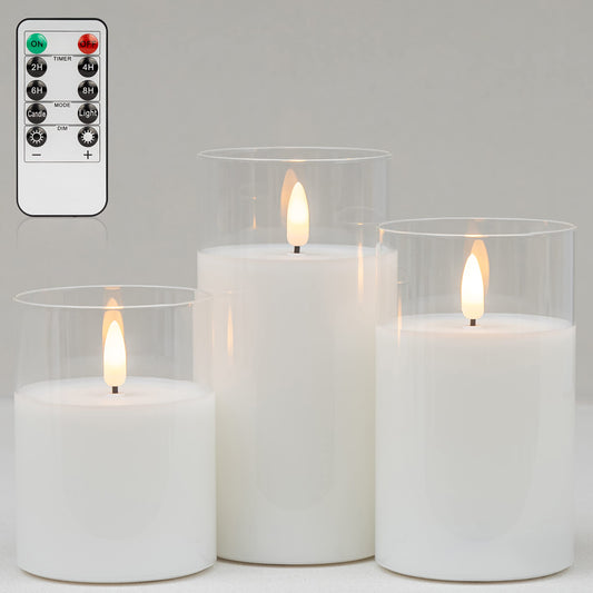Mingfuxin Clear Glass Flickering Flameless Candles with Remote, White Wax Battery Operated LED Pillar Candle with Timer for Party Wedding Decoration, Set of 3