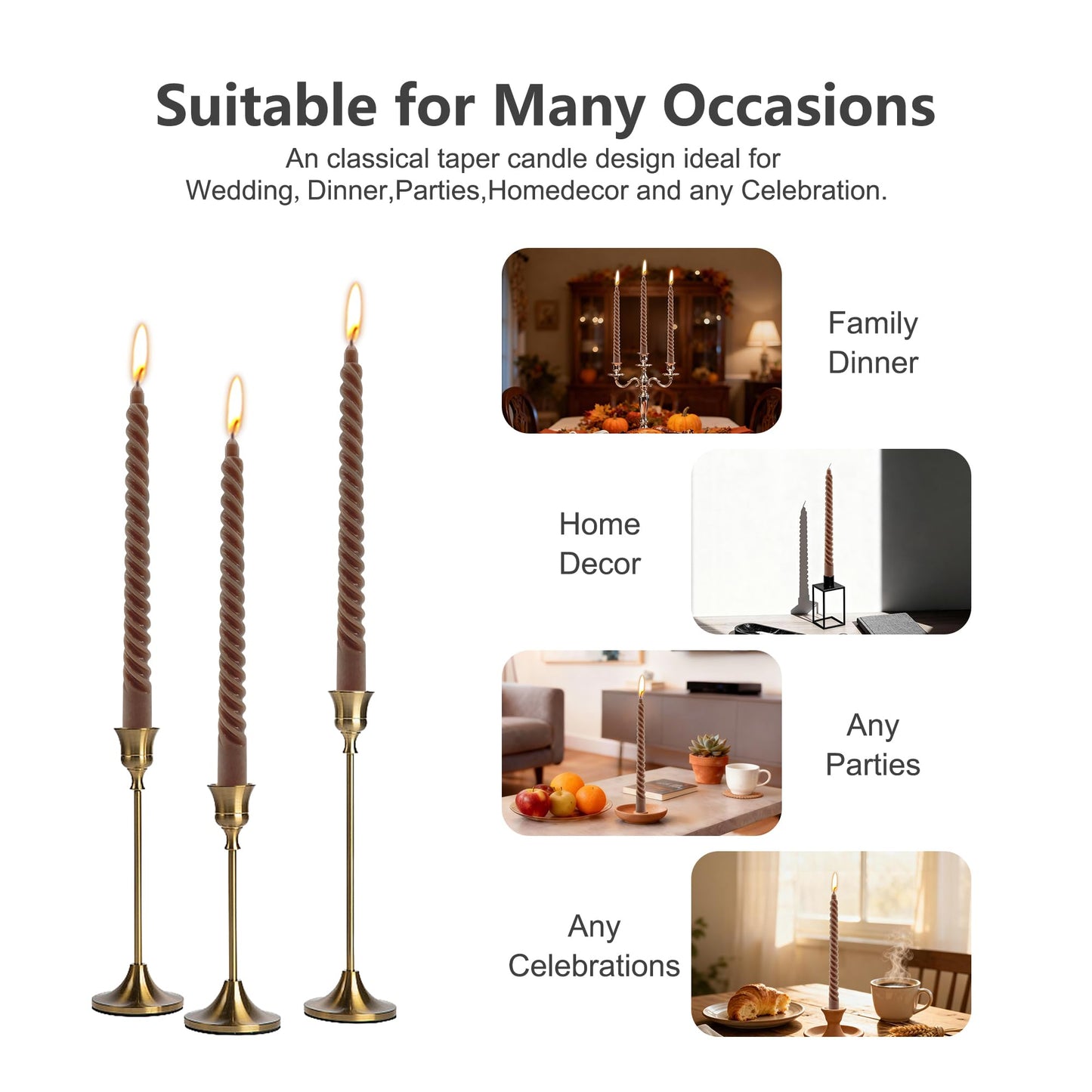 8 Pack 10 Inch Brown Spiral Taper Candles Long Burning Dripless Candles for Party Dinner Home Decor Wedding and Celebrations