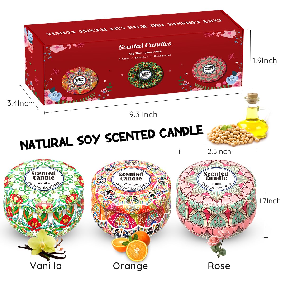 3 Packs Rose, Vanilla and Orange Scented Candles Christmas Gift Set for Women, Small 2.5oz Decorative Natural Soy Wax Aromatherapy Candles in Cute Travel Metal Tin for Home Mother's Day