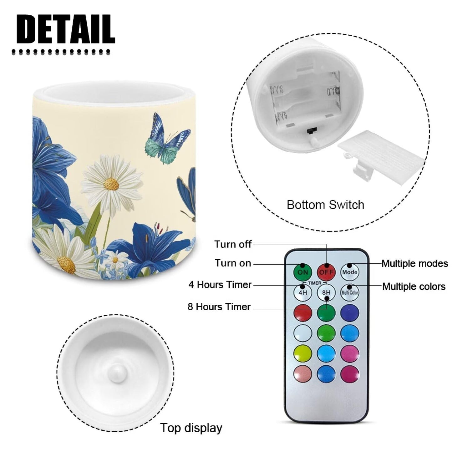 Cozeyat Blue Floral LED Flameless Candles Set of 4 Battery Powered with Remote Timer Flickering Flame Waterproof for Indoor Outdoor Home Decor