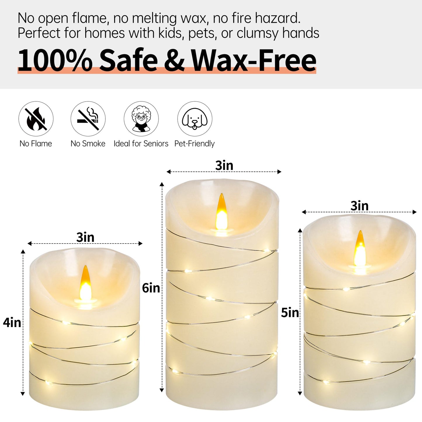 haitanghua Rechargeable Flameless Candles Set of 3, Real Wax LED Pillar Candles with Flickering Flame & Fairy String Lights, USB Rechargeable, Remote Control & 2/4/6/8H Timer, Ivory