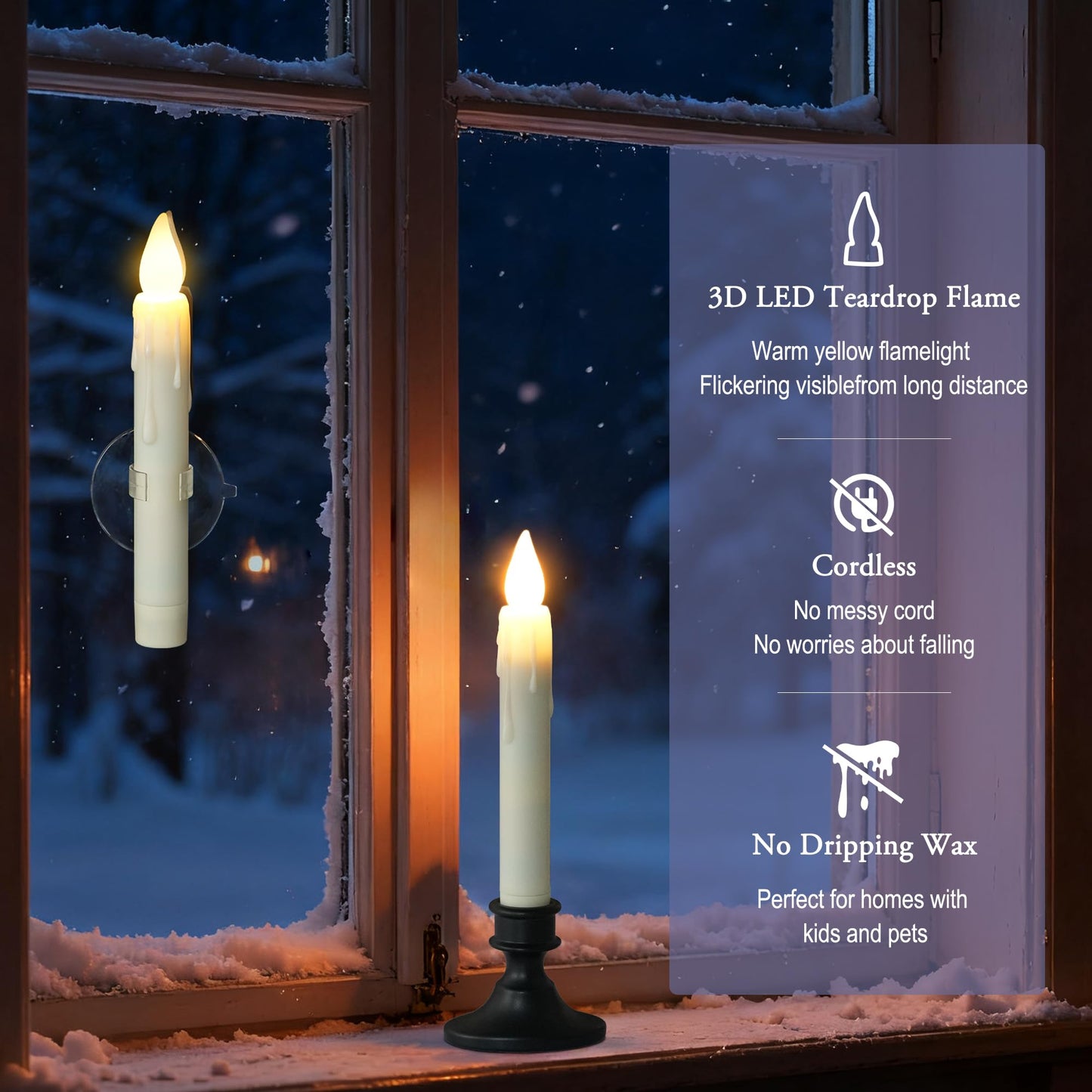 FREEPOWER Battery Operated LED Window Candles with Dusk to Dawn Sensor, Ivory Flameless Flickering Candlesticks with Suction Cups & Removable Black Base for Christmas Home Decor (6PCS)