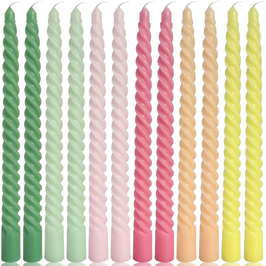 10 Inch Dopamine-Color Spiral Taper Candles for Home Decoration, 12 Pack Cream Twisted Candlesticks for Dinner Party Wedding Holiday