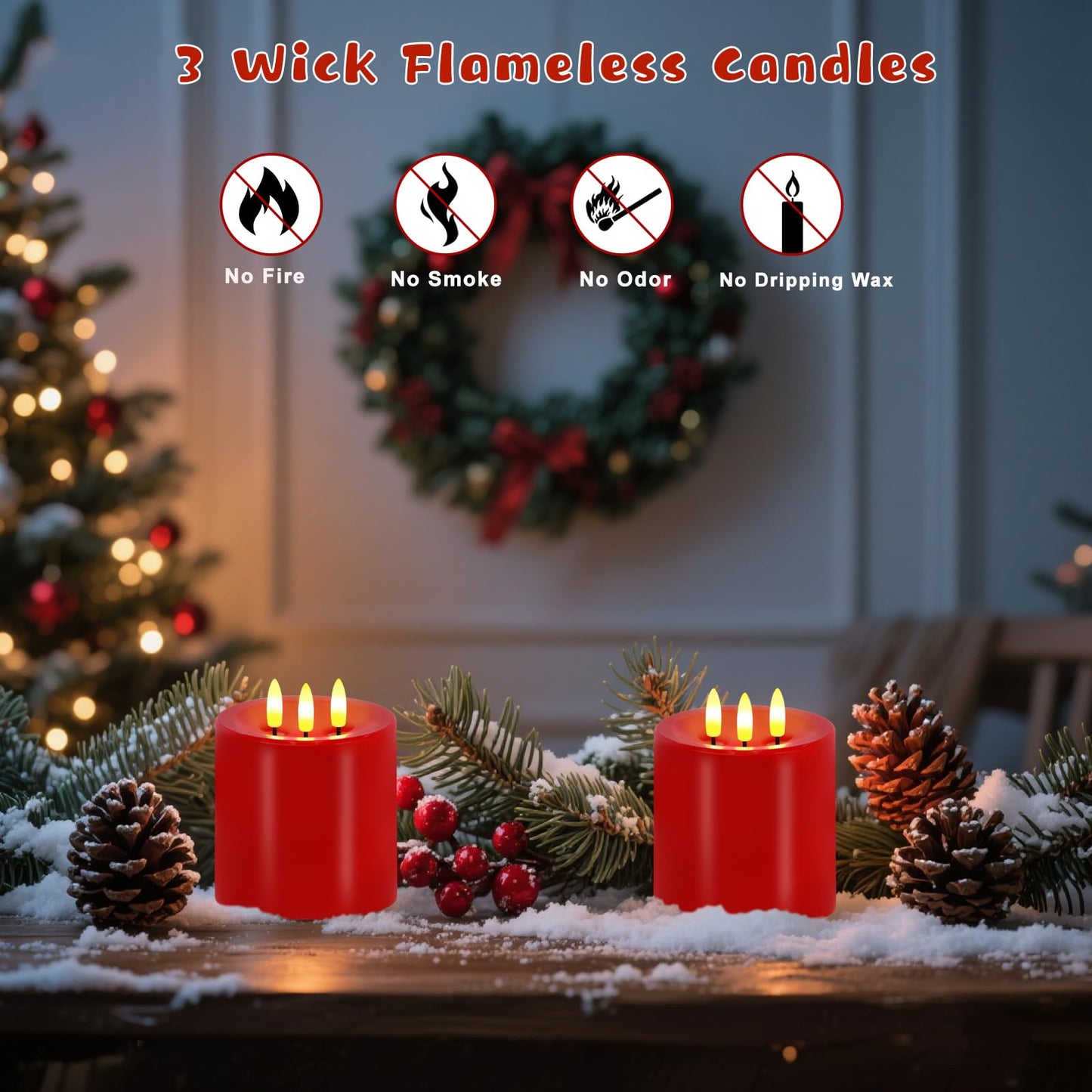 VEEKI Large 3 Wick Flameless Candles Set of 2, 4"x4" Flickering Flameless Candles with Remote & Timer, Dimmable Real Wax LED Candles Battery Operated, Electric Pillar Candles for Home Christmas Decor