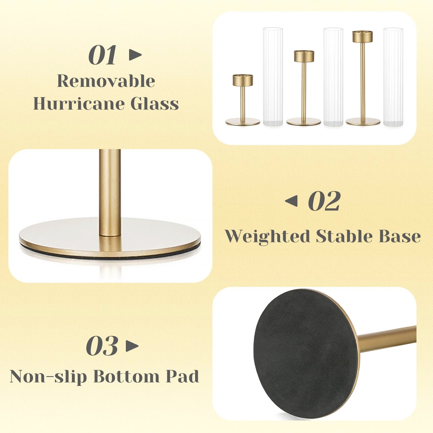 Hewory Gold Hurricane Candle Holders: Brass Candlestick Holders Set of 3 Tall Taper Candle Holders for Candlesticks Candle Sticks Holder Decor for Table Centerpiece Wedding Party Christmas Decorations