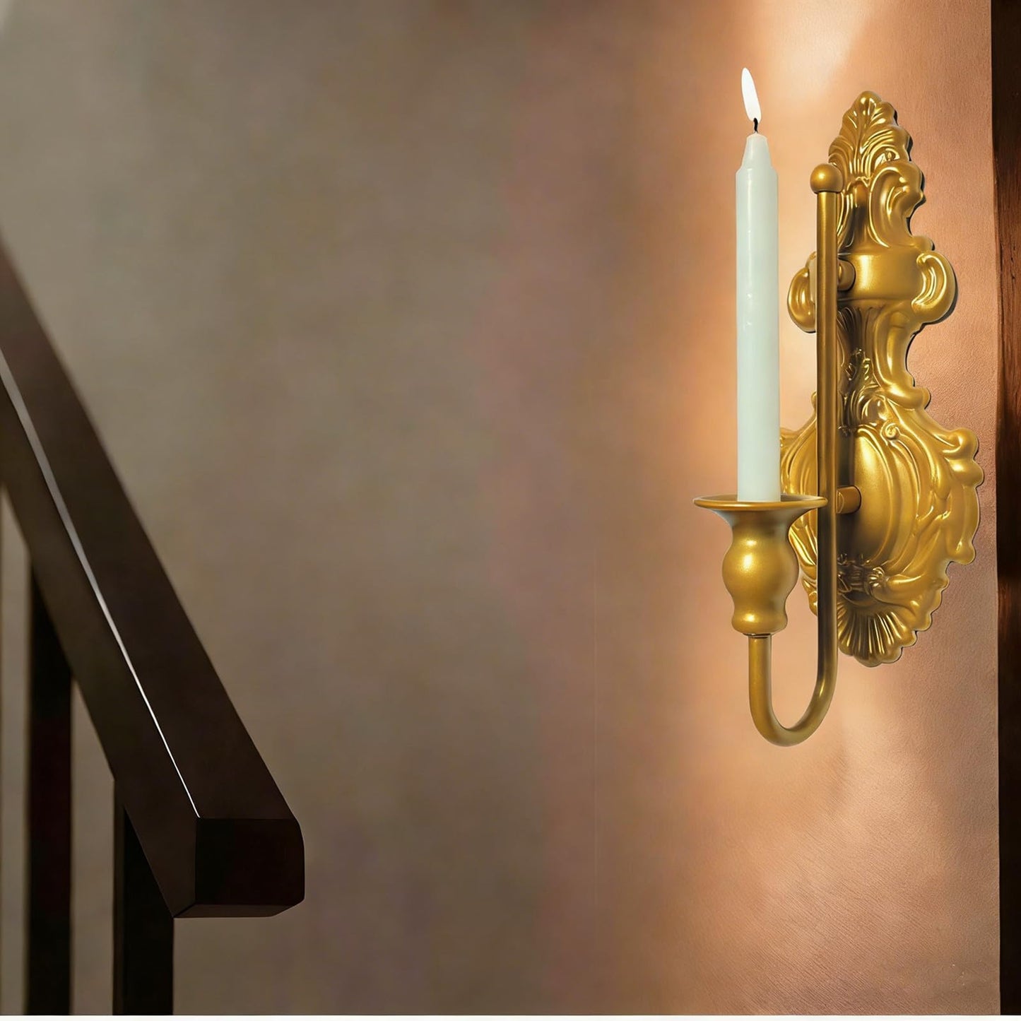 Wall Sconce Candle Holder, Metal Wall Mounted Candlestick Holder, Iron Handcrafted Sconce with Vintage Gold Finish for Room, Hallway, Entryway, Bathroom, 2 Pack (A)