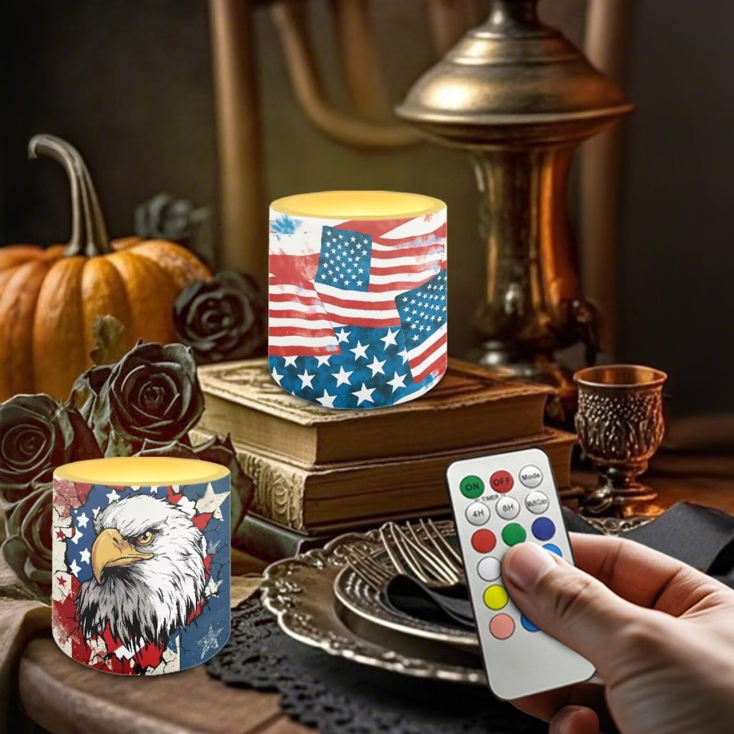 NETILGEN American Flag Eagle Daisy 3 inch Flameless LED Candles with Remote Timer Set of 4 July 4th Independence Day Decor Realistic Flickering Flameless Candles with Battery Powered