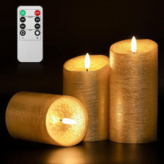 COVEGE Gold Flameless Candles with Remote, Flickering Real Wax Battery Operated Candles with Timer, Set of 3 LED Pillar Candlesfor Home Room Decor Christmas Decoration