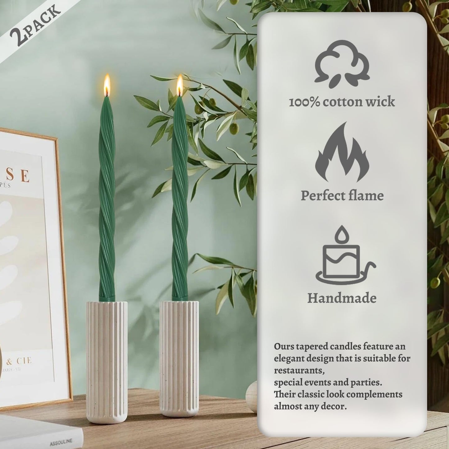 Handmade Unscented Long Spiral Taper Candle Dark Green 10 Inch Smokeless Tall Twisted Candlesticks Elegant Design for Home Weddings Festive Seasons Décor