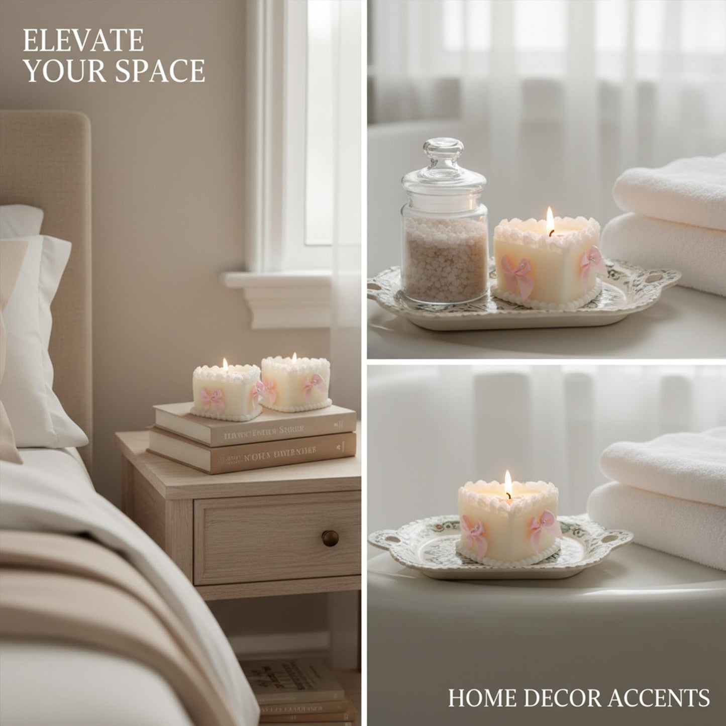 SRCVYLT 2 Pcs Bow Heart Scented Candle Set Rose Fragrance Soy Wax Scented Candle with Fixed Bow Decor for Valentine's Day Party Bedroom Room Table