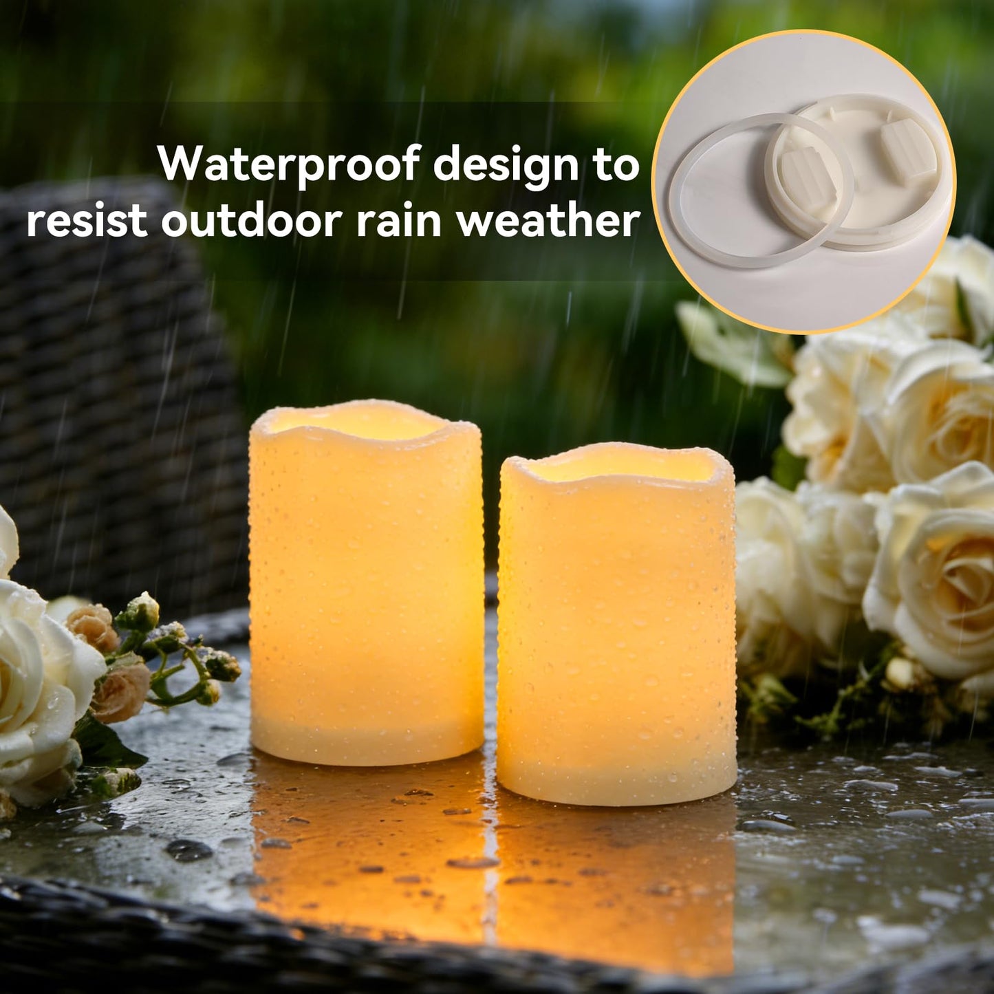 Raycare 3"x4" Outdoor Waterproof Flameless Candles, Battery Operated LED Electric Candles with Remote and Timers, Fake Pillar Candle for Patio, Porch, and Wedding Decor, Ivory, Set of 2