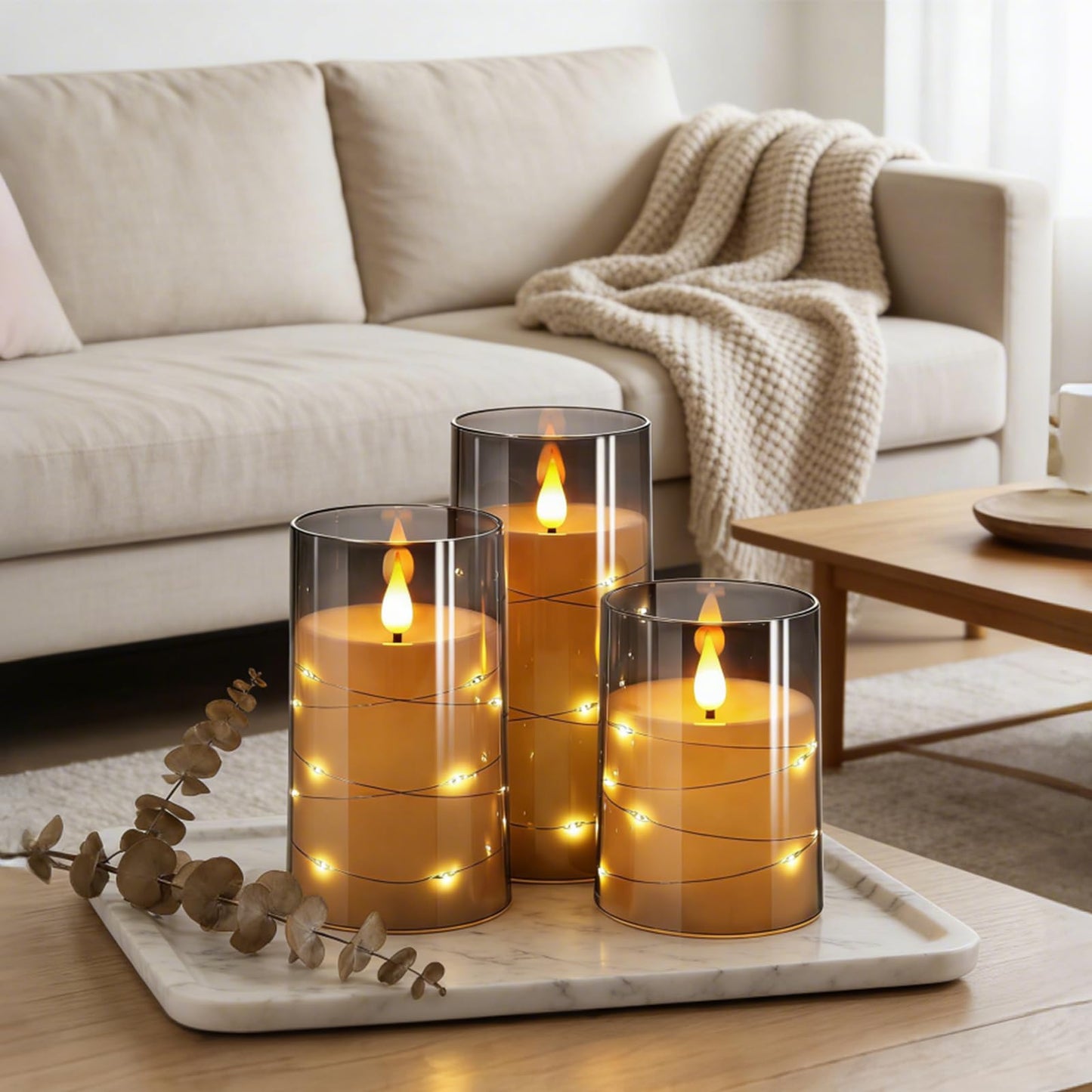 NURADA Flickering Flameless Candles: Built-in Star String Lights 3D Wick Acrylic Battery Operated LED Pillar Candles with Remote and Timer for Fall Halloween Christmas Home Decoration - 3 Pack Gray