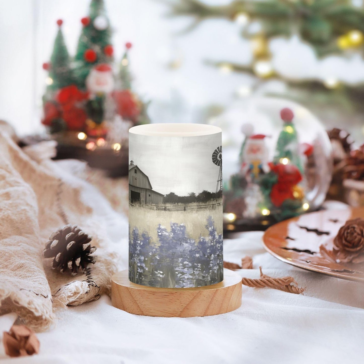 WEVIBOFU Farmhouse Landscape Wildflowers Barn Windmill Flickering Flameless Candles LED Battery Operated with Remote Timer Pillar Candles for Home Birthday Wedding Christmas Decor, Set of 2