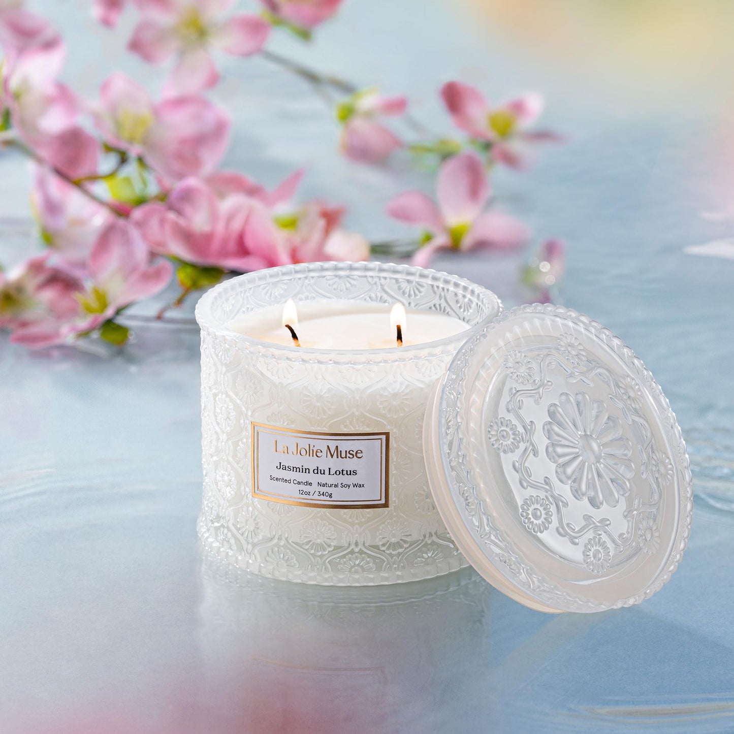 LA JOLIE MUSE Jasmine Lotus Scented Candles for Home | 2-Wick Non Toxic Natural Soy Floral Candles | White Large Jar Candle for Women | Luxury Gifts for Mom | 12 oz