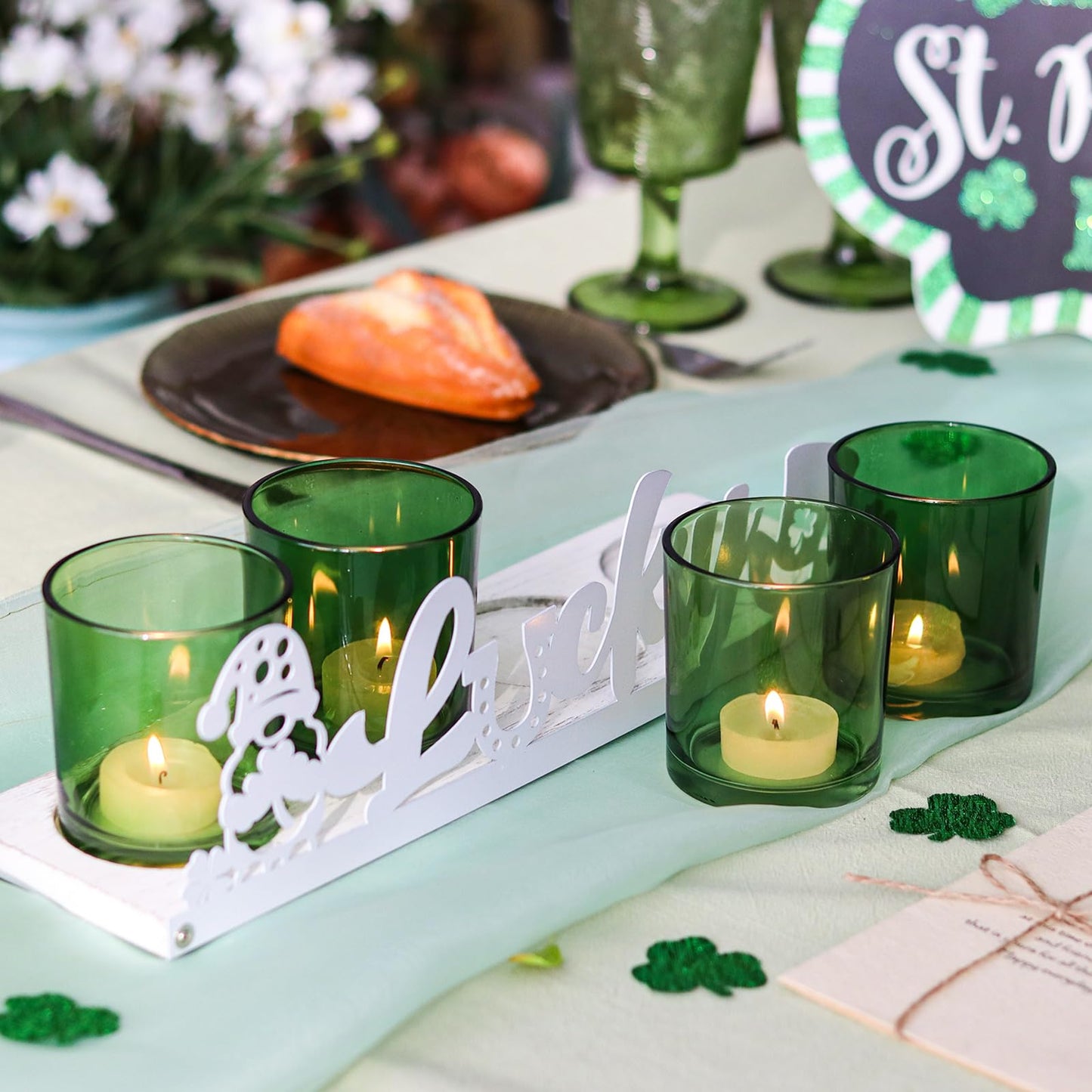 SYFURNIX St Patricks Votive Candle Holder Set, Includes 4 Glass Tealight Holders & 1 Wooden Candle Tray, Green & White St. Patrick's Day Decorations for Table, Office & Indoor Decor