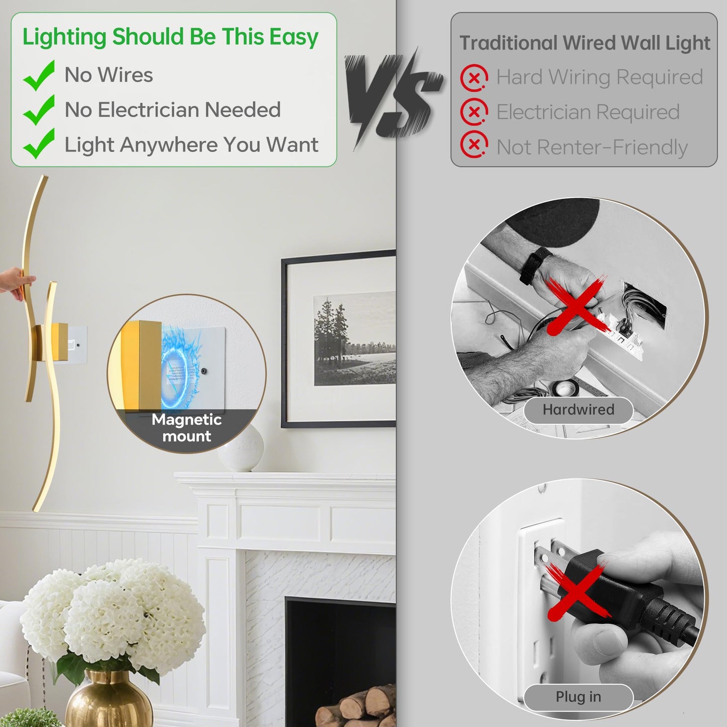 GLOTHOR Battery Operated Wall Sconce Set of 2, Dimmable Modern LED Rechargeable Wall Light with Remote Control, Wall Decor for Living Room, Hallway, Quick Install, No Electrician Required