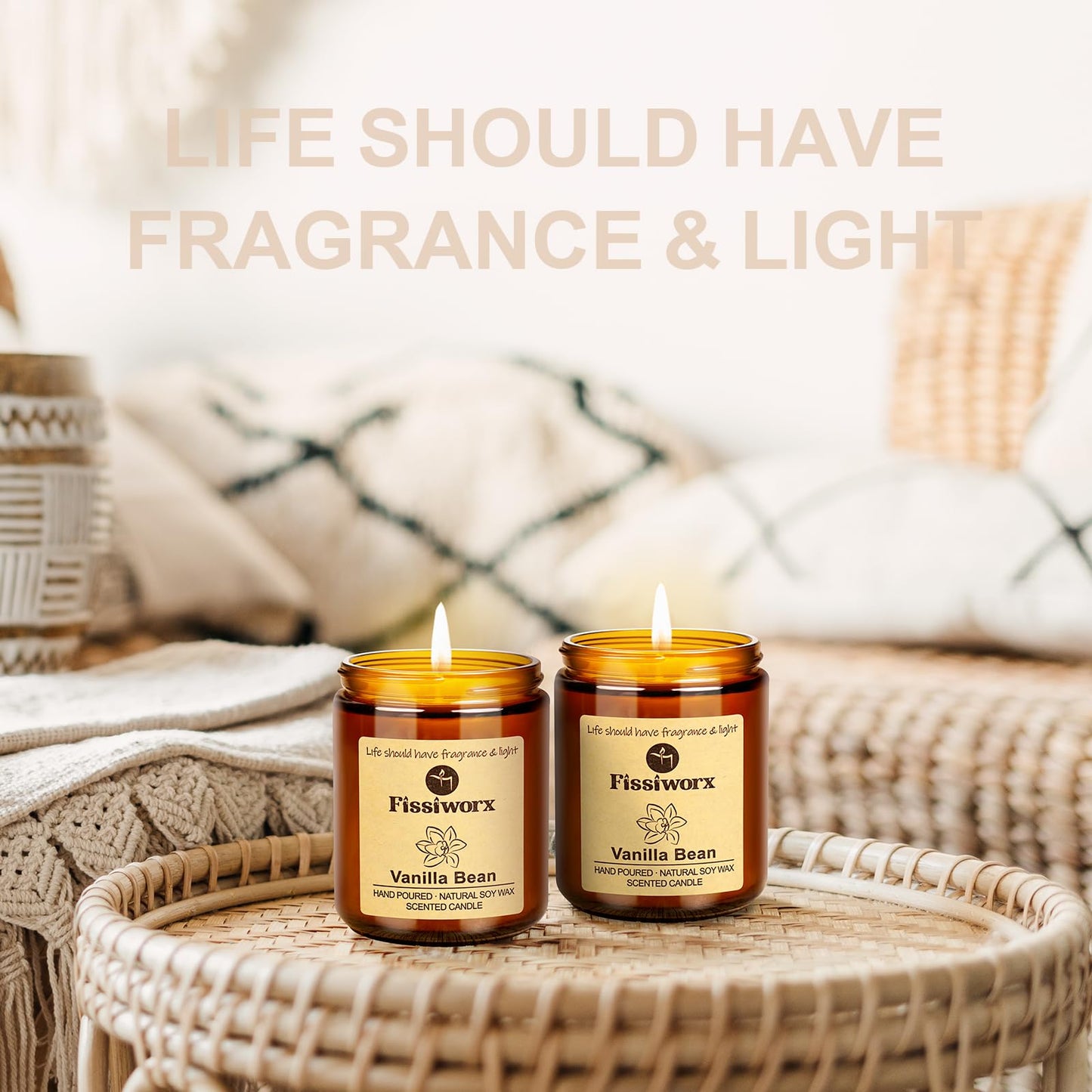 Fissiworx Vanilla Scented Candle Set 2 Pack, Candle for Home Scented, Odor Eliminating, Stress Relief, 15oz, 110 Hours Long Lasting Candles, Soy Candle Gift Set for Women