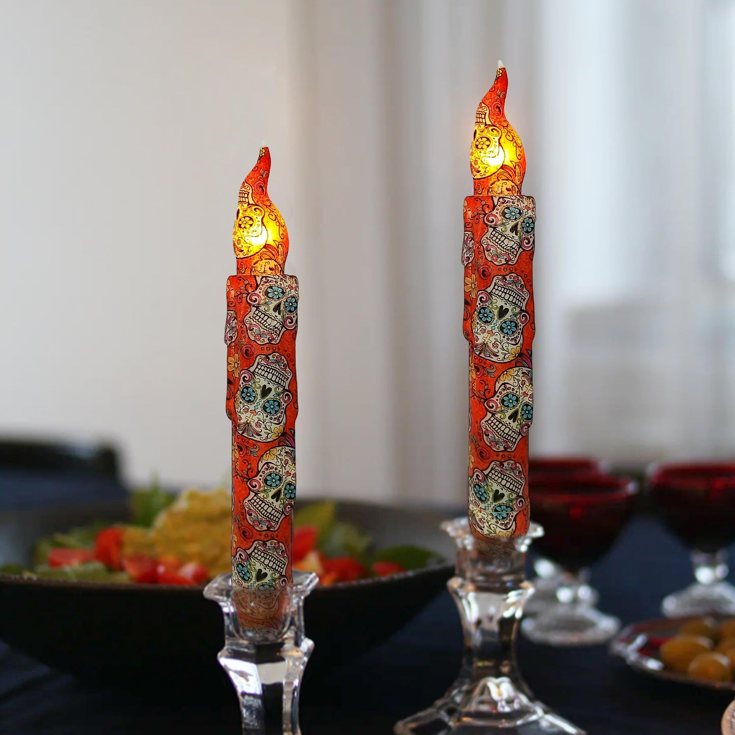 FCMSHAMD Day of The Dead Style Skull Flameless Short Taper Candles, Drip LED Battery Operated with Remote, Flickering Flame Lights for Home Décor, 6.7 Inch Primitive Flameless Print Candles, 4PCS