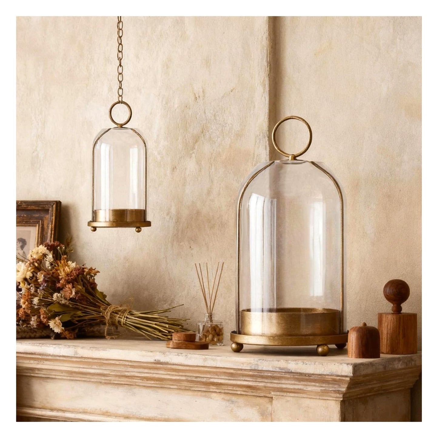 Large & Small Cloche Glass Dome Candle Holders - Glass Hurricane Candle Holder,Gold Candlestick & Lanterns Set of 2 Can Be Placed Desktop Hung,for Pillar Candles,Plants Decorative