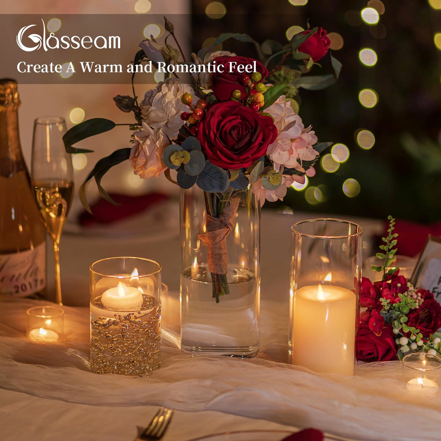 Glasseam Hurricane Glass Candle Holders: 6 Pcs Clear Cylinder Vases for Centerpieces Large Pillar Candle Holder for Floating Candles Set Modern Home Decor Wedding Table 5.3'' 7.3'' 9.5'' Height