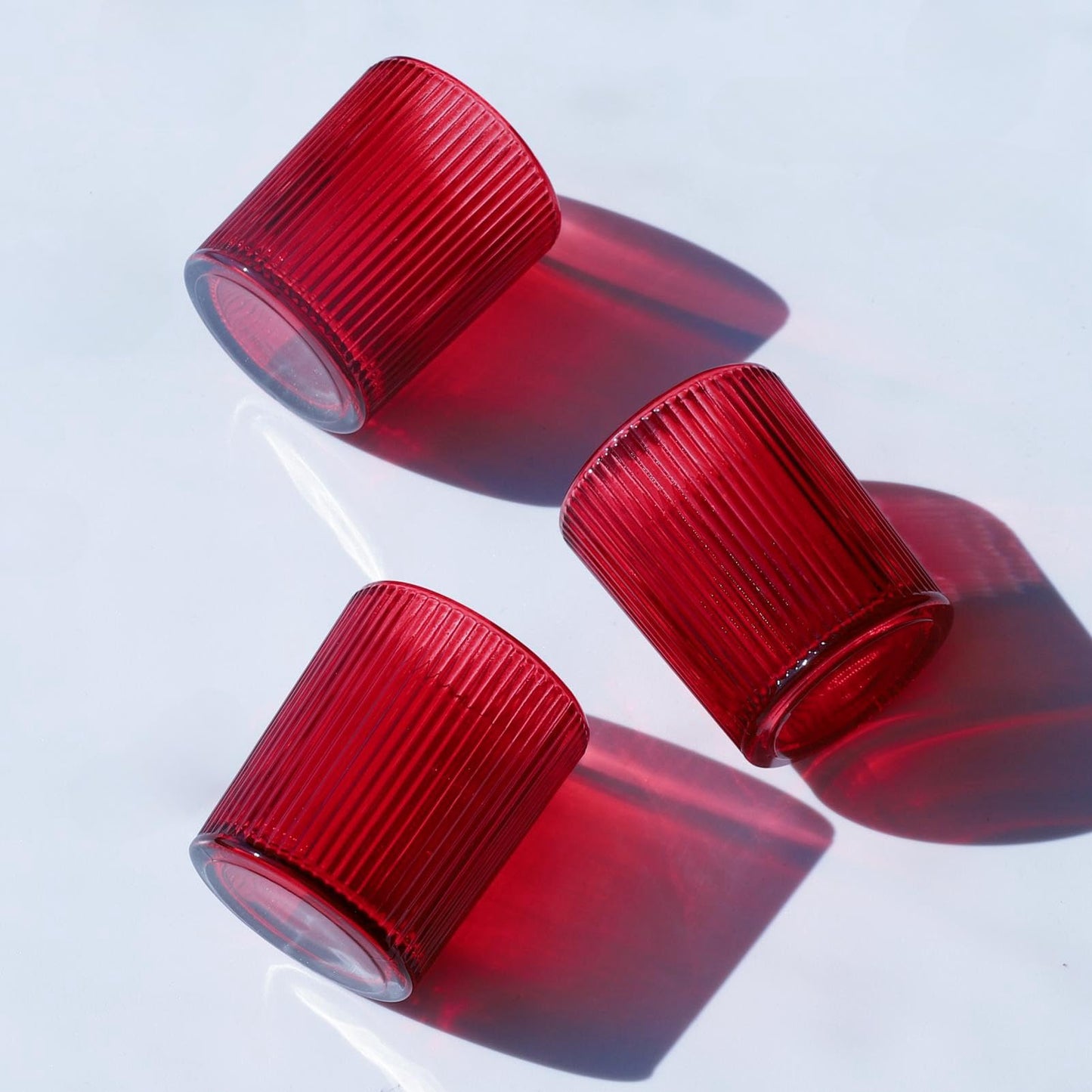 VOHO Red Candle Holders Set of 12, Ribbed Glass Votive Candle Holders Bulk for Holiday/Party Decorations, Tea Lights Candle Holder Wedding Centerpieces for Tables