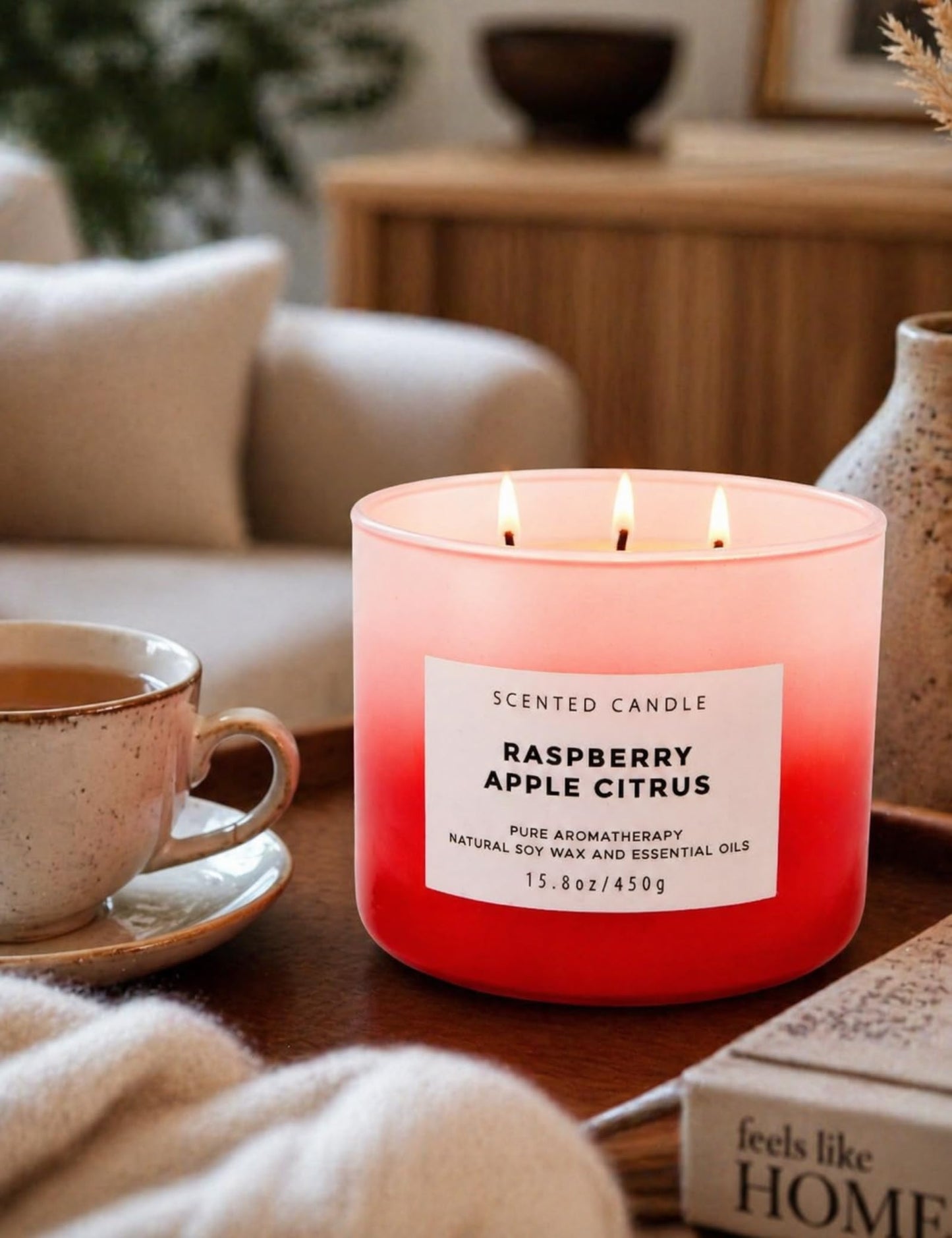 Raspberry Apple Citrus 3-Wick Soy Candle | 15.8 oz Large Scented Candle for Home | Clean Burn Long Lasting | Fruity Citrus Spice Scent | Gift Ready