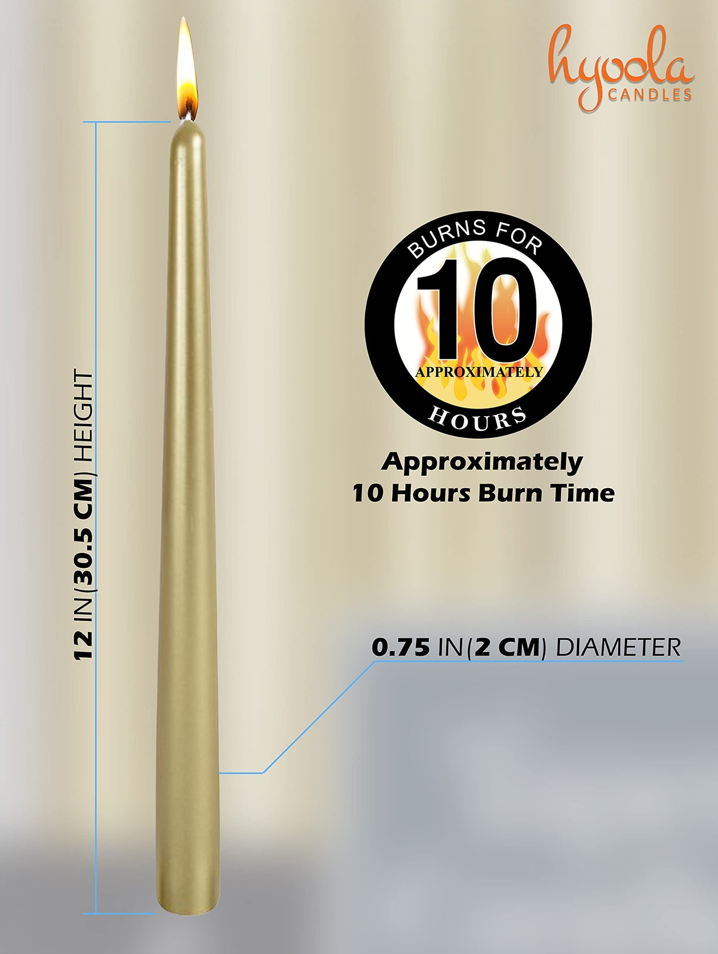 Hyoola Tall Metallic Cream Gold Taper Candles - 12 Inch - Dripless - 12 Pack - 10 Hour Burn Time