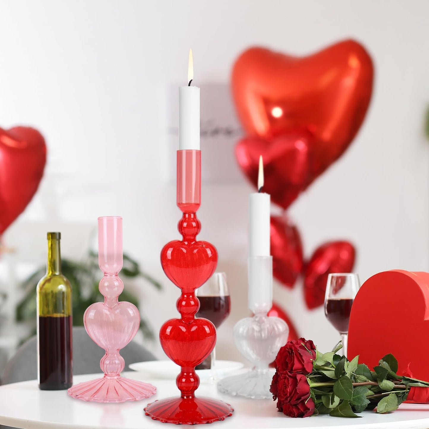 JarThenaAMCS 3Pcs Valentine's Day Taper Candle Holder Glass Candlestick Holder Clear Red Pink Heart Candle Stick Vase for Wedding Anniversary Party Table Centerpiece Decor