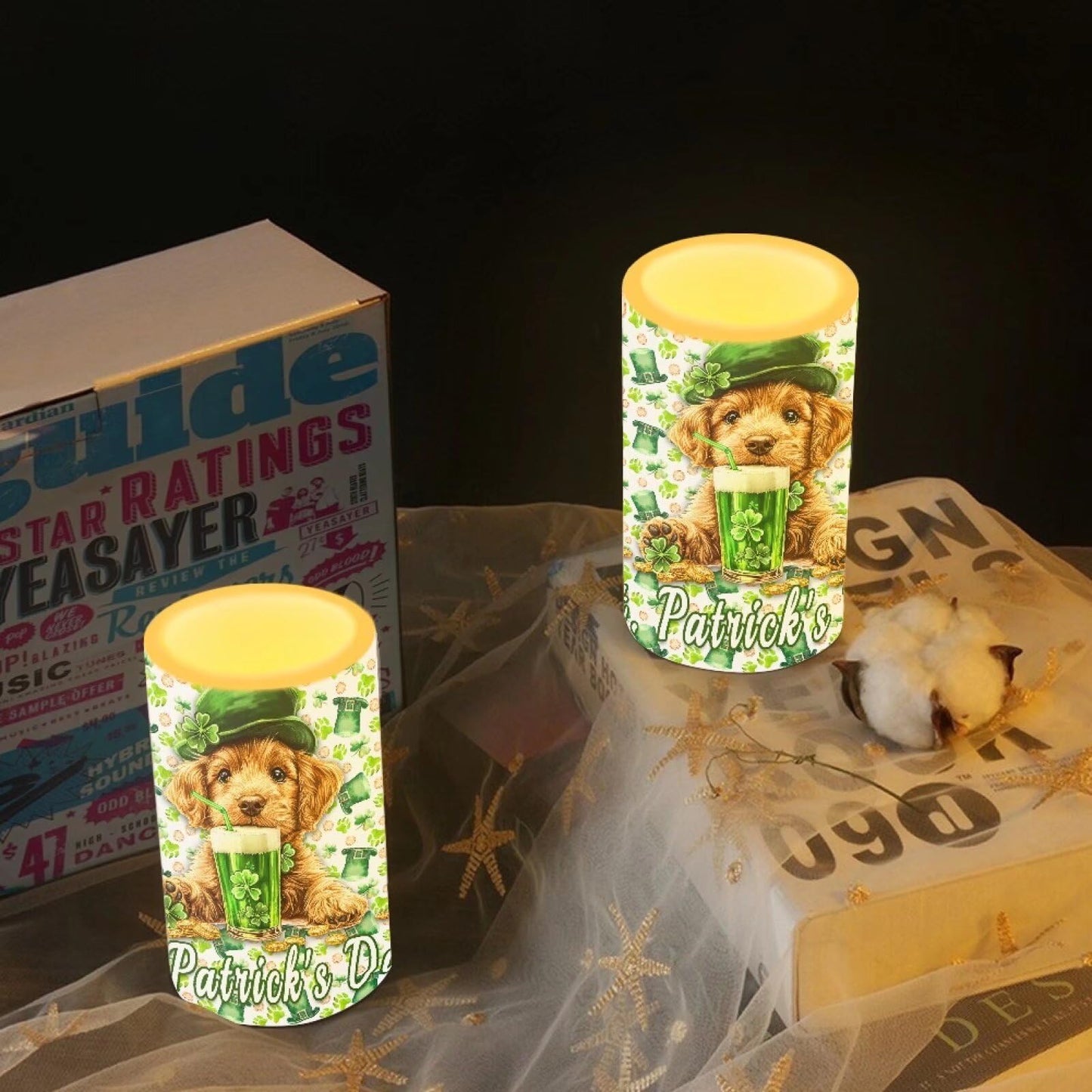 Luarisgur St Patricks Day Flameless Candles Green Dog Battery Operated Candles with Remote and Timer LED Flameless Candles 2 Pack 6 x 3 inch for Home Decor Bedroom