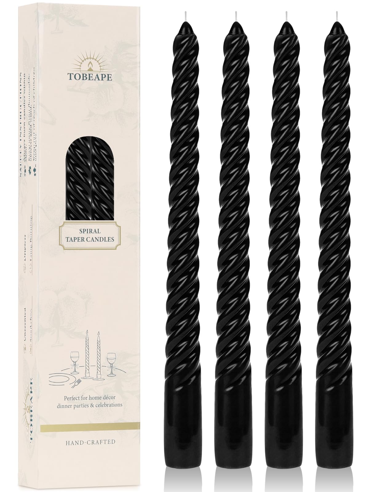 Tobeape Black Spiral Taper Candles 10 Inch - 4 Pack Gothic Twisted Tapered Candle Sticks - Dripless Unscented Smokeless - Long Burning Decorative Candlesticks for Dinner Party Halloween Home Decor