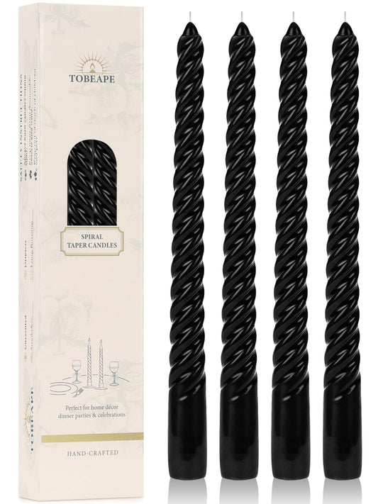 Tobeape Black Spiral Taper Candles 10 Inch - 4 Pack Gothic Twisted Tapered Candle Sticks - Dripless Unscented Smokeless - Long Burning Decorative Candlesticks for Dinner Party Halloween Home Decor