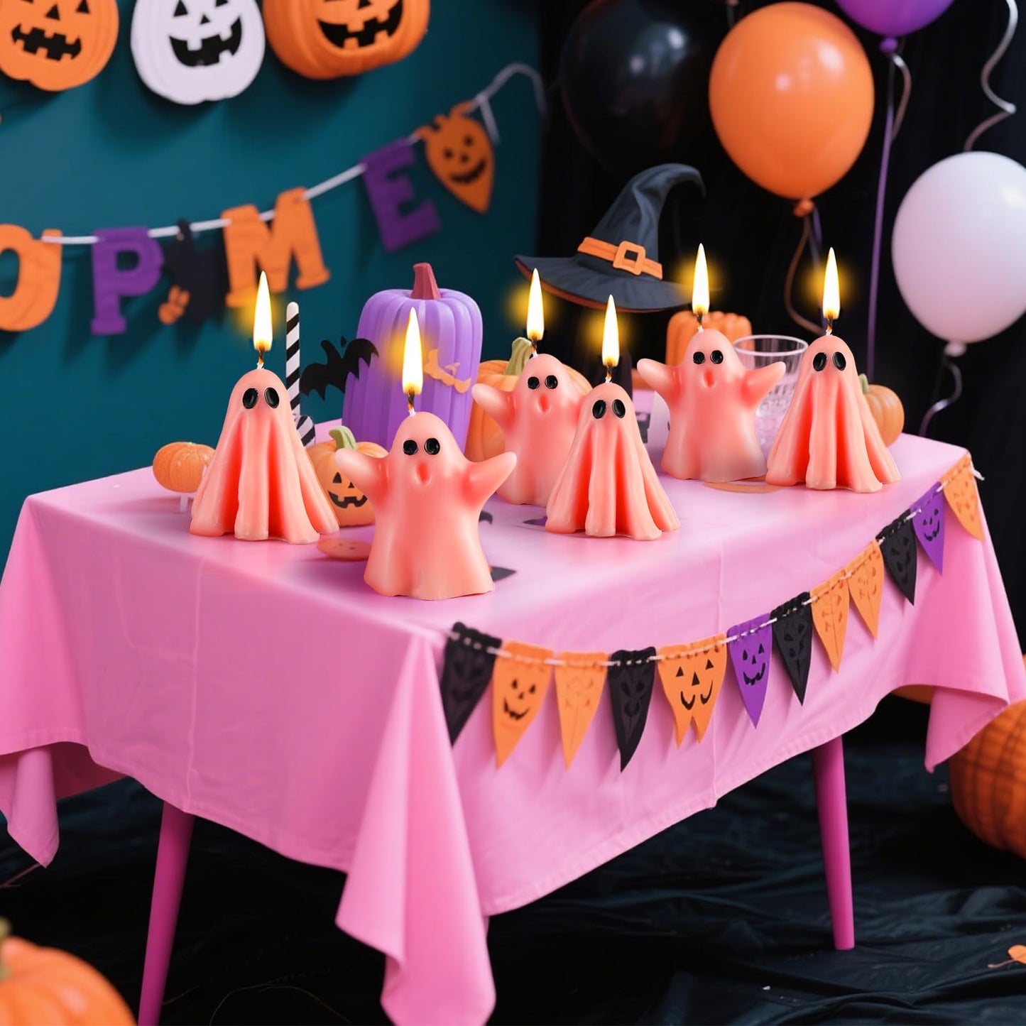 Conelist 6 Pieces Halloween Large Ghost Candles White Spooky Scented Halloween Candles Horror Gifts Candle Tea Lights Goth Room Decor for Summer Dining Table Party Bedroom(Pink Style,Pink)