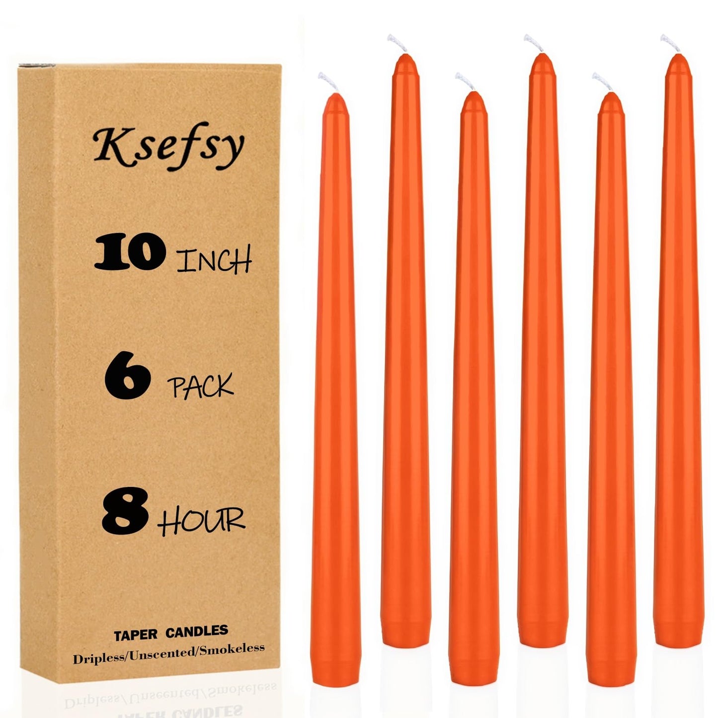 Ksefey 10 Inch Orange Taper Candles Set of 6 - Dripless,Unscented,8 Hours Burn Time-Perfect for Wedding,Dinner,Party and Home Decor